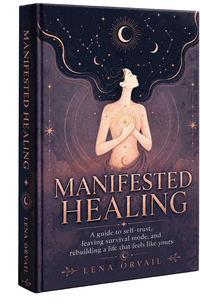 Manifested Healing by Lena Orvail, shown as a hardcover book. A woman under a night sky of constellations, with light at her chest.